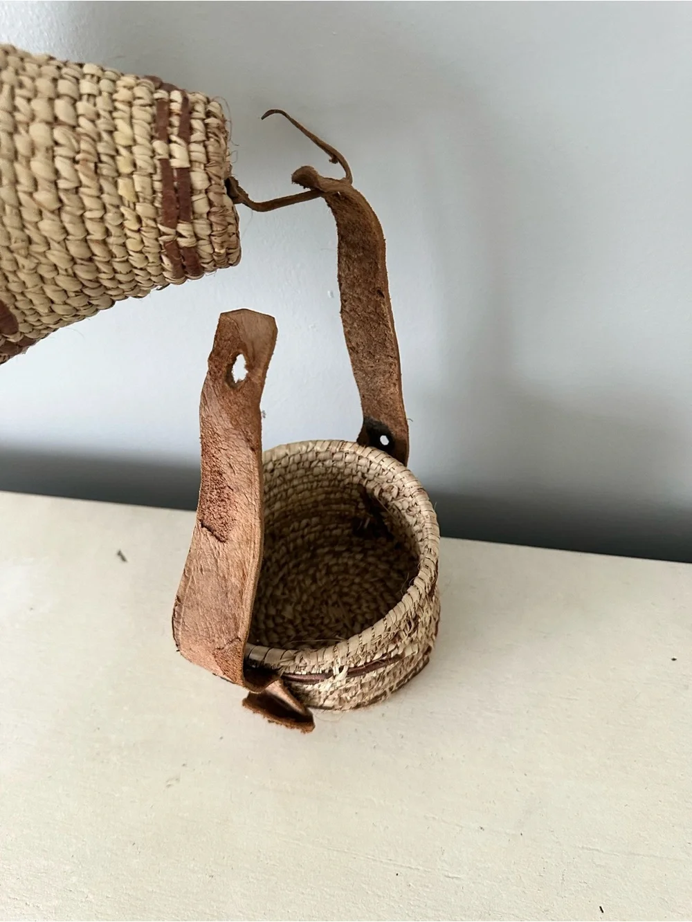Antique Egyptian handmade leather basket with lid Africa African vintage
